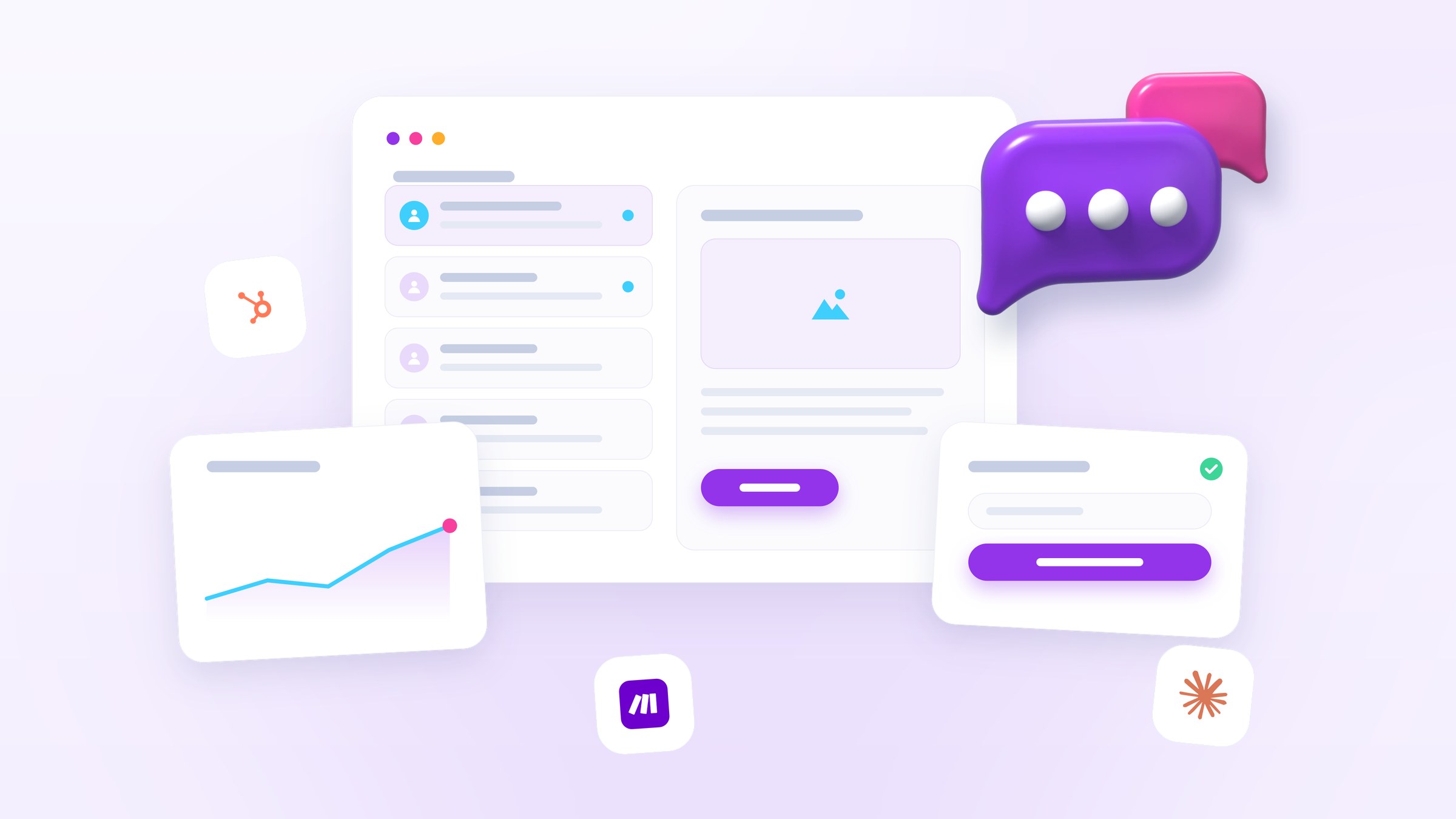 Illustration of an inbox of incoming customer messages, one opened and ready to route, with glossy chat bubbles beside it