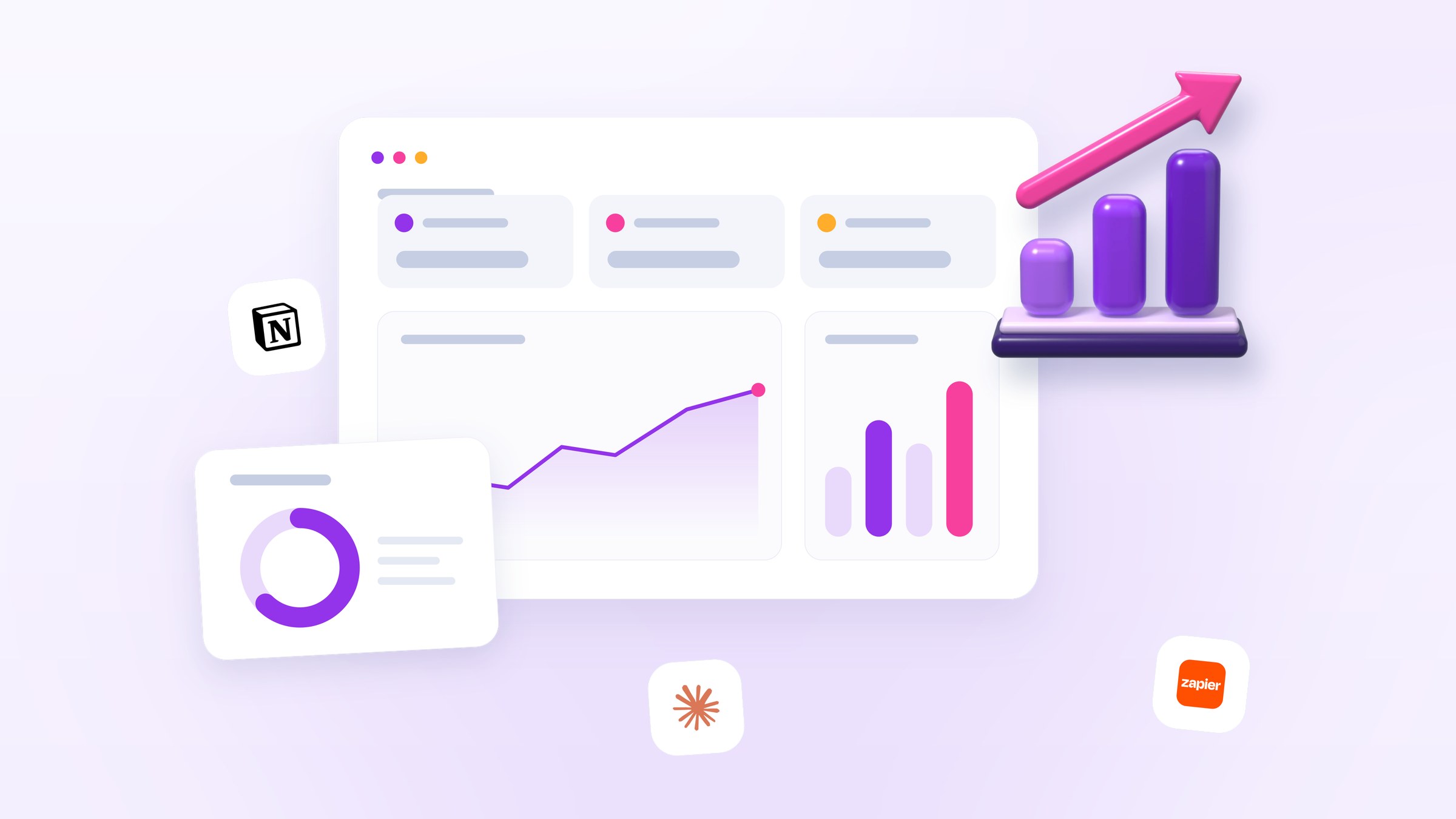 Illustration of a dashboard with three summary tiles, a line chart and bar charts, tracking one process before and after automation