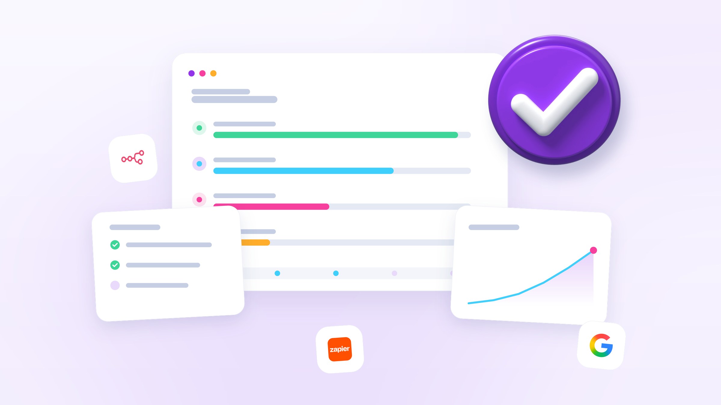 Illustration of several process bars moving through steps toward a milestone, a checklist and a glossy tick marking the outcome