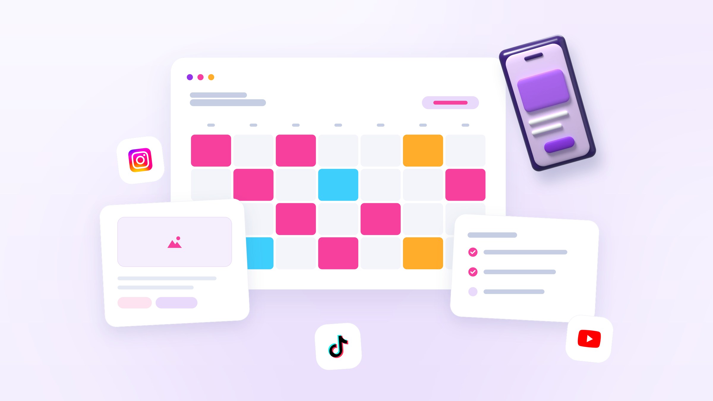 Illustration of a content calendar filled with a week of posts from one service, a draft post card and a smartphone