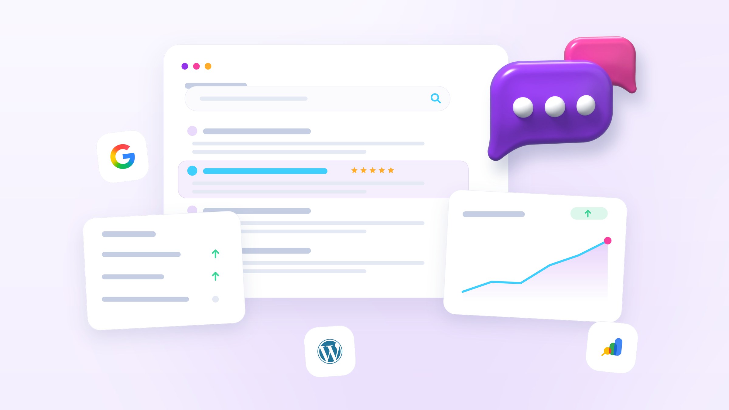 Illustration of a search results page with one highlighted answer page, a rising rank chart and two chat bubbles