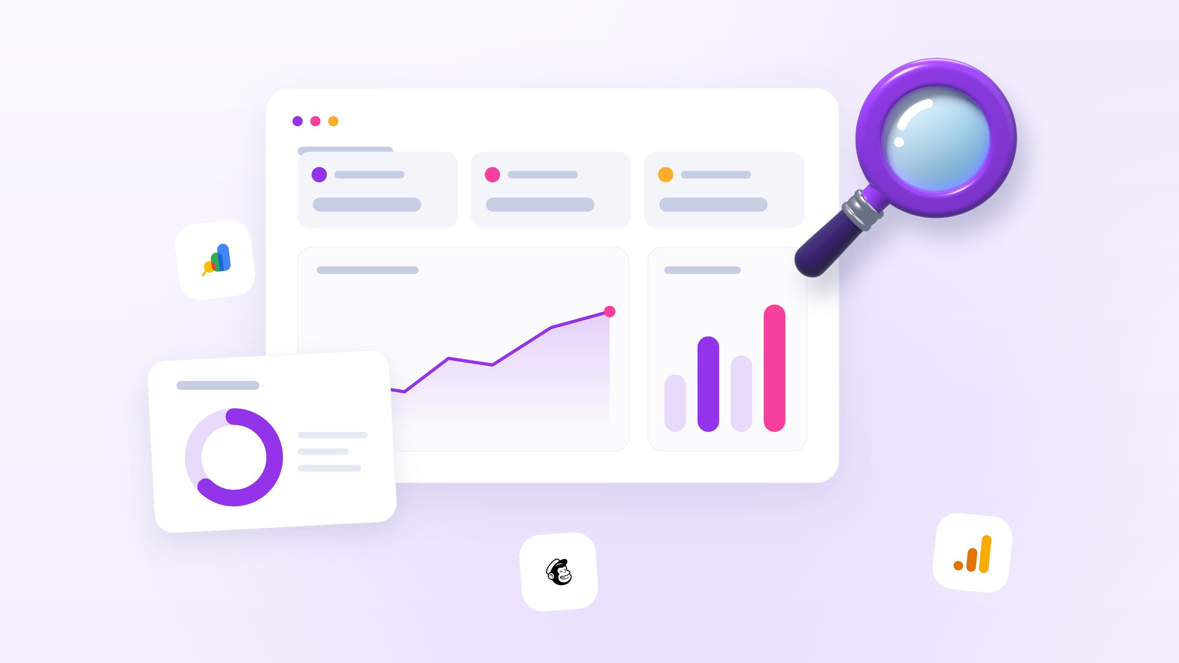 Illustration of an analytics dashboard with a few figures, a line chart, a bar chart and a magnifying glass