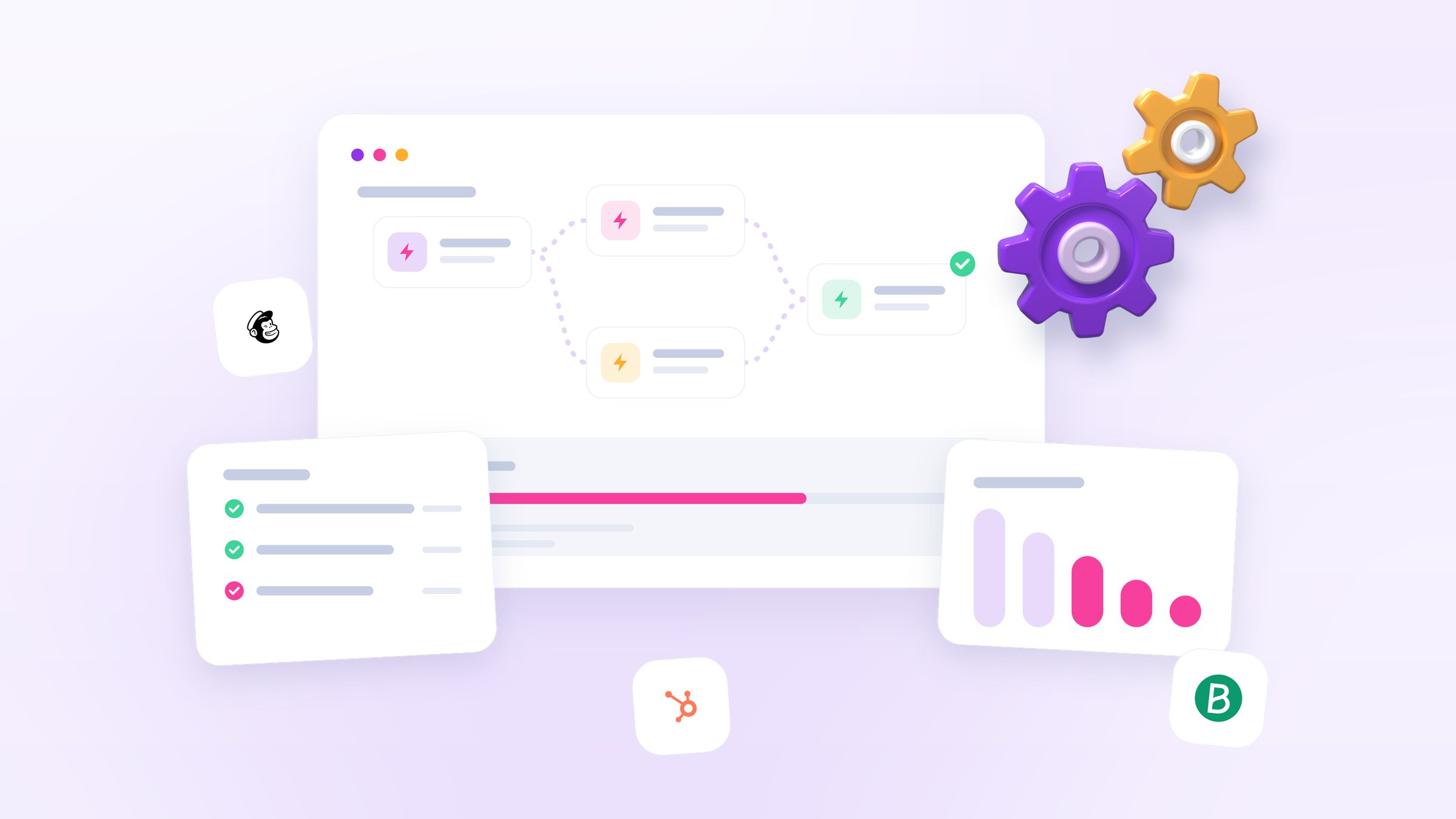 Illustration of an automated welcome sequence as connected steps from a signup to a tick, with a run log and gears