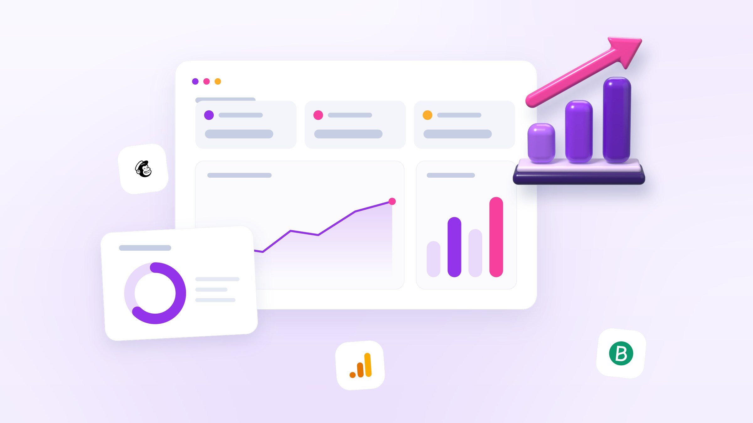 Illustration of a dashboard tracking email clicks, replies and bookings in tiles and charts, beside a glossy bar chart