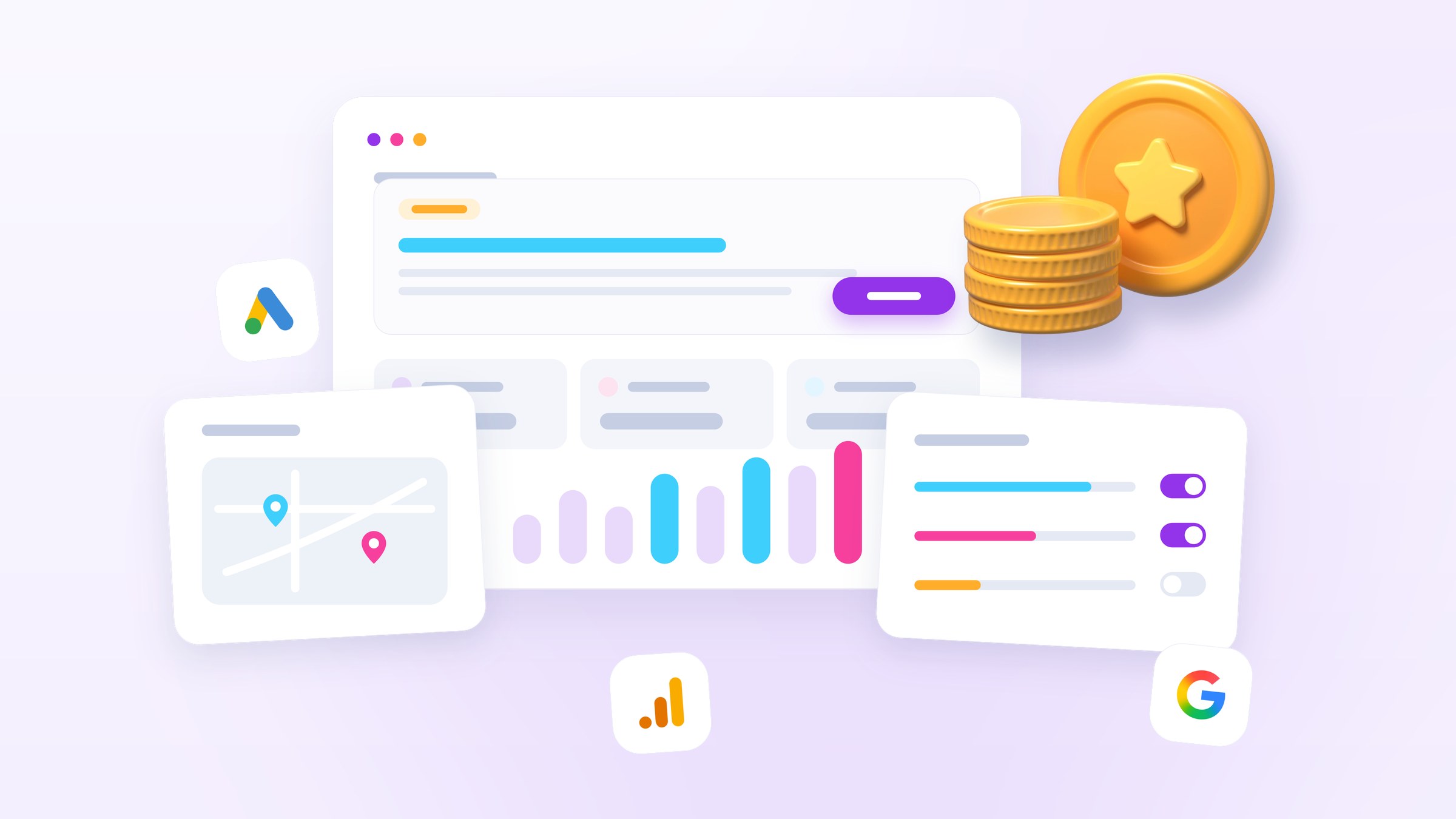 Illustration of an ad dashboard whose budget card shows progress bars filling toward a monthly cap, beside a stack of gold coins
