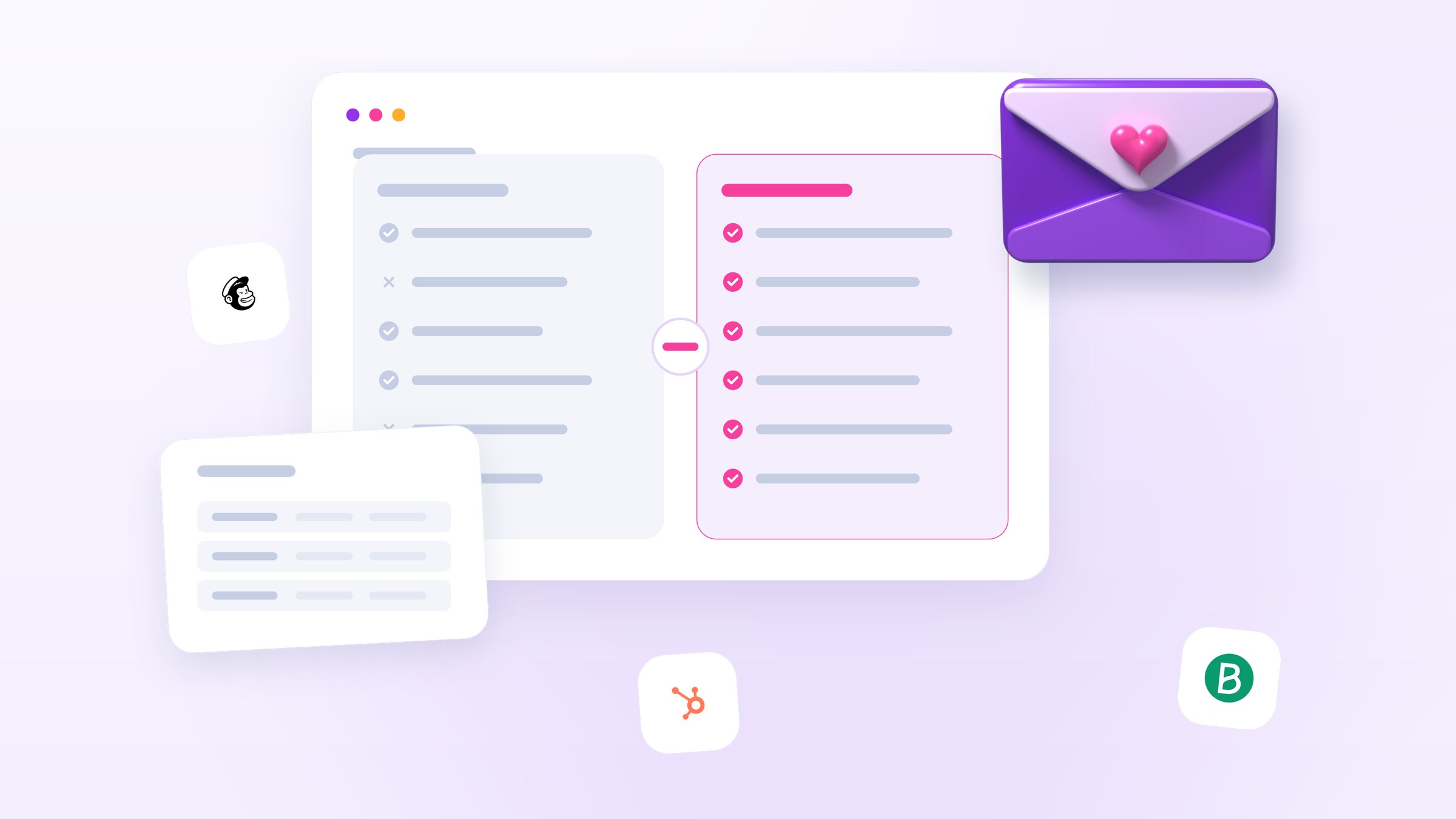 Illustration of email platform plans compared column by column, with a small pricing table and a glossy envelope