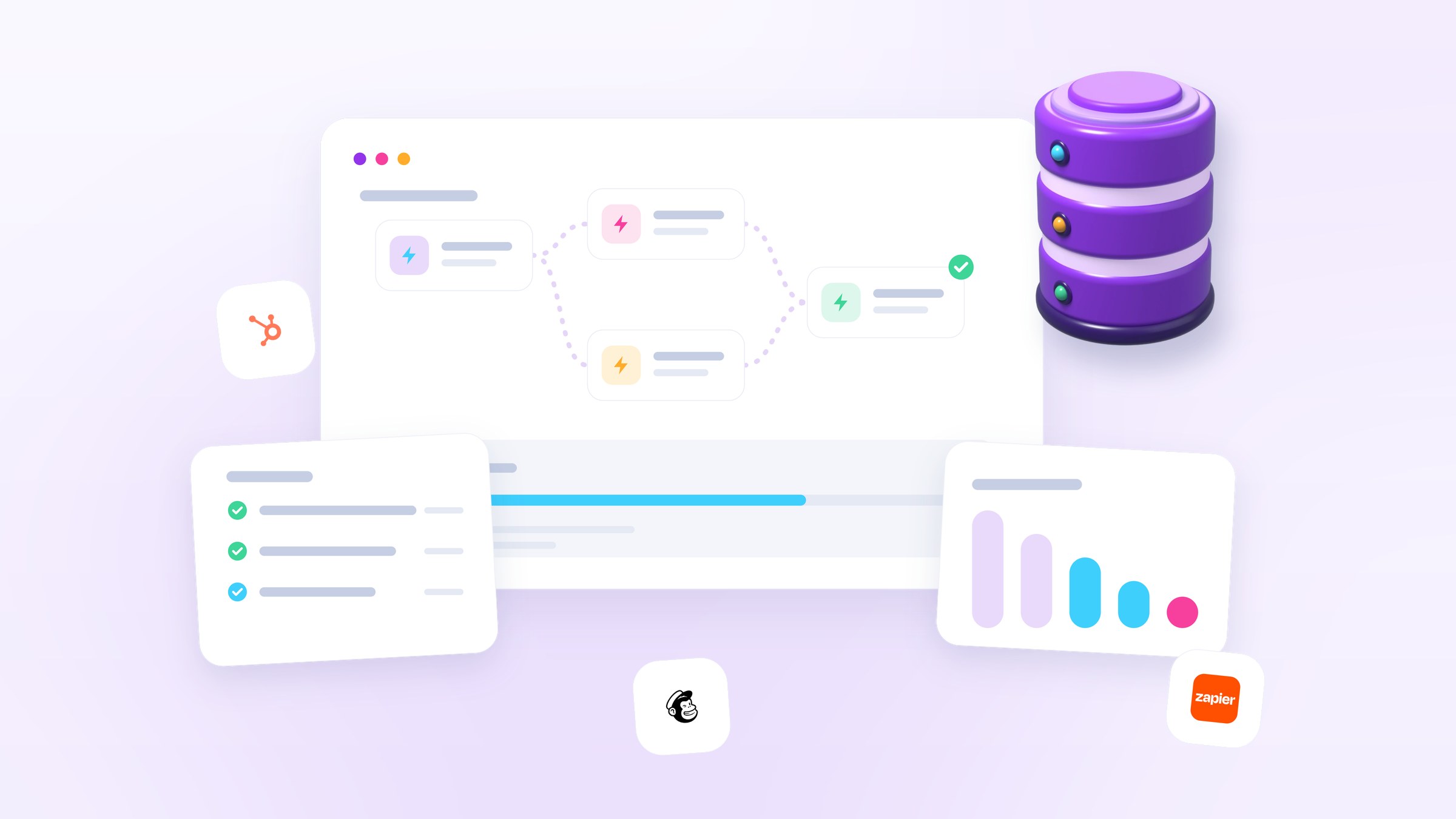 Illustration of connected steps gathering existing customer contacts into one database, with a progress bar and a log of completed imports