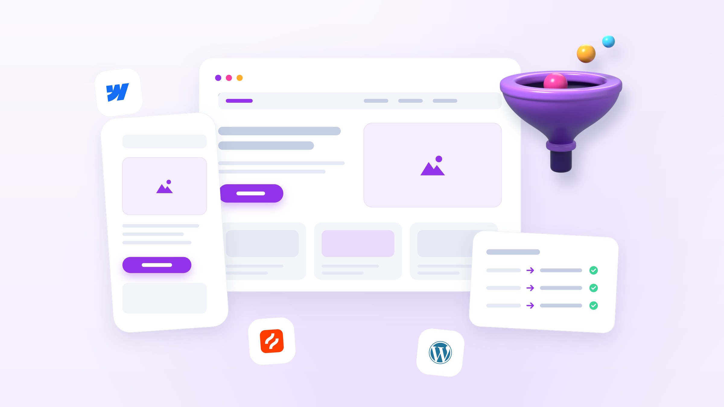 Illustration of a web page built around a single call-to-action button, shown on desktop and phone, beside a glossy funnel