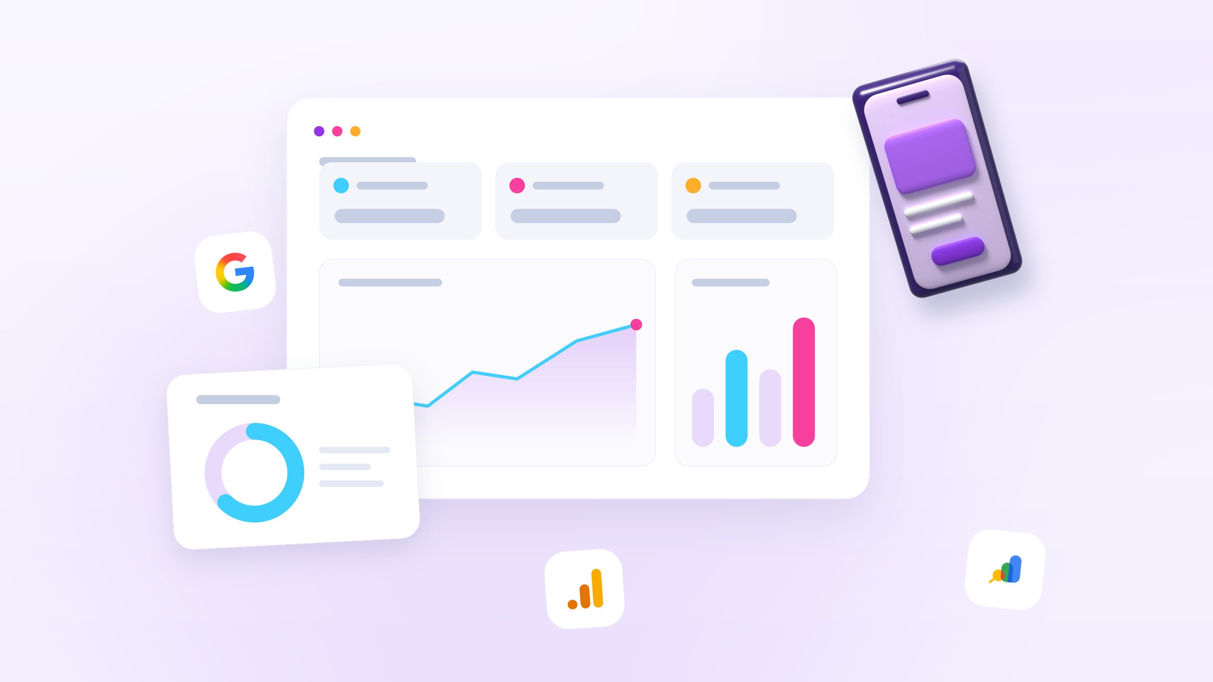 Illustration of a page performance dashboard with three metric tiles, line and bar charts, and a glossy smartphone for mobile speed
