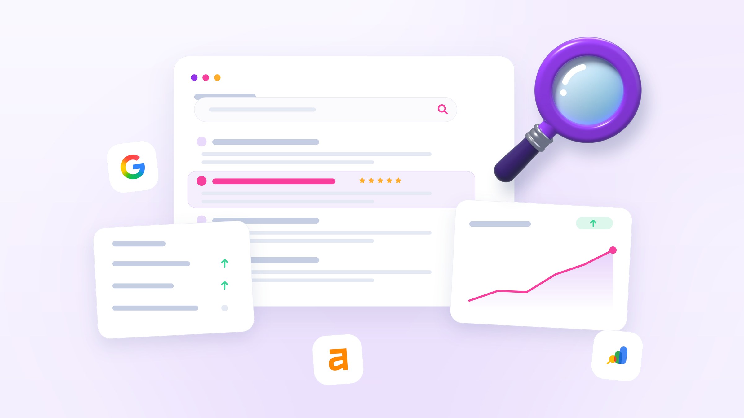 Illustration of local search results with one highlighted, star-rated listing, a rising rank chart and a magnifying glass