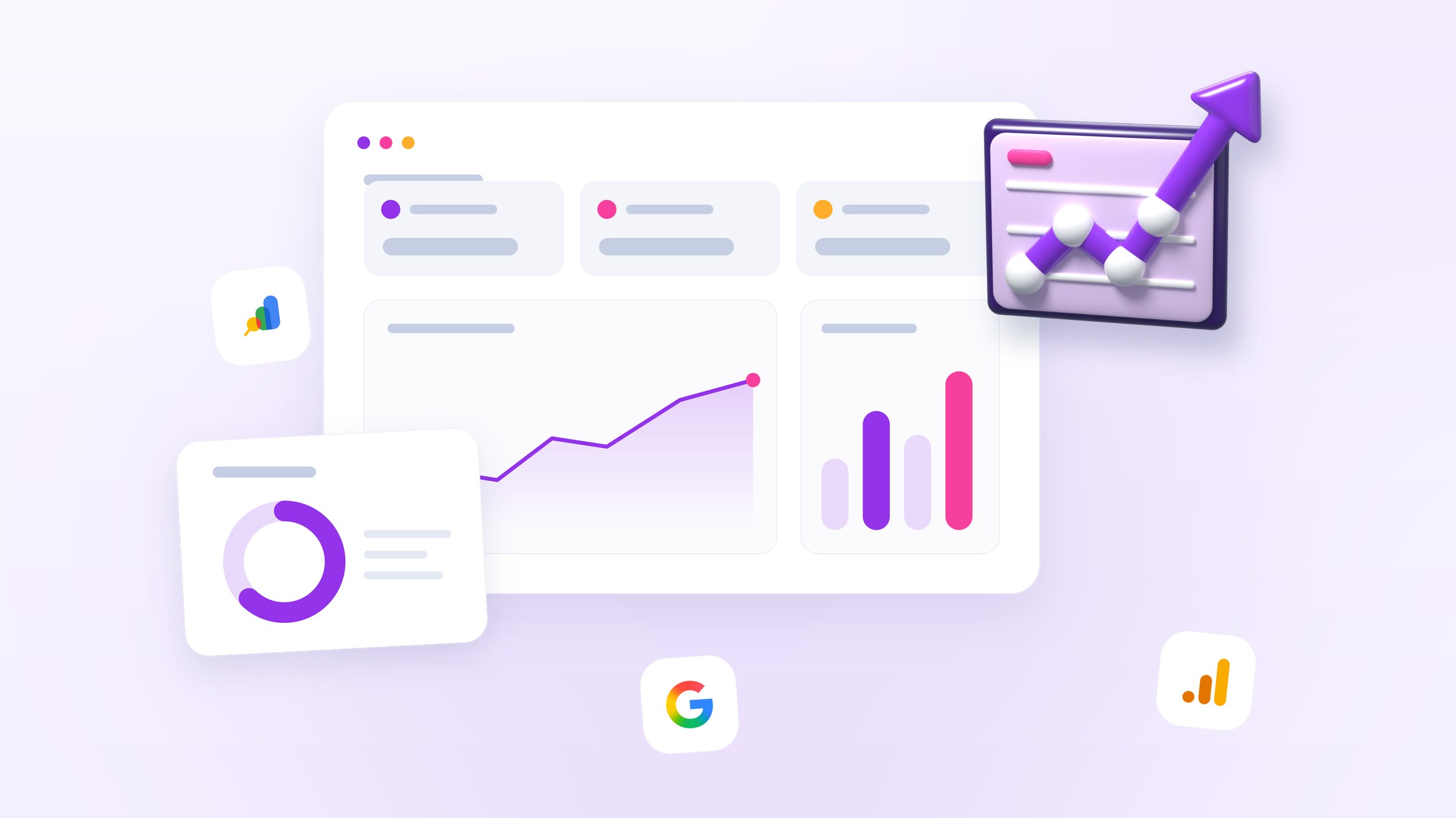 Illustration of a monthly dashboard tracking calls, direction requests and reviews, with metric tiles, a line chart and a rising graph