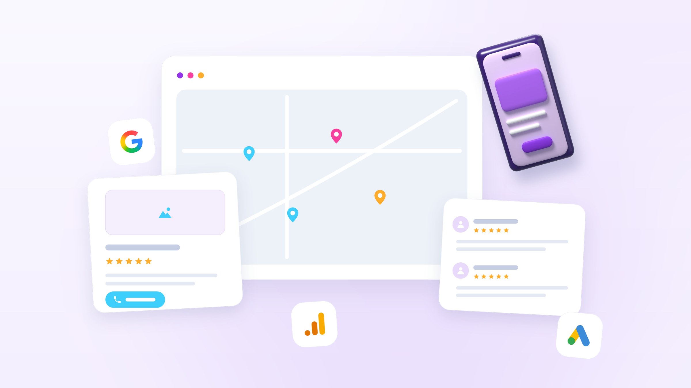 Illustration of an emergency local search: a map with pins, a business profile with stars and a call button, and a smartphone