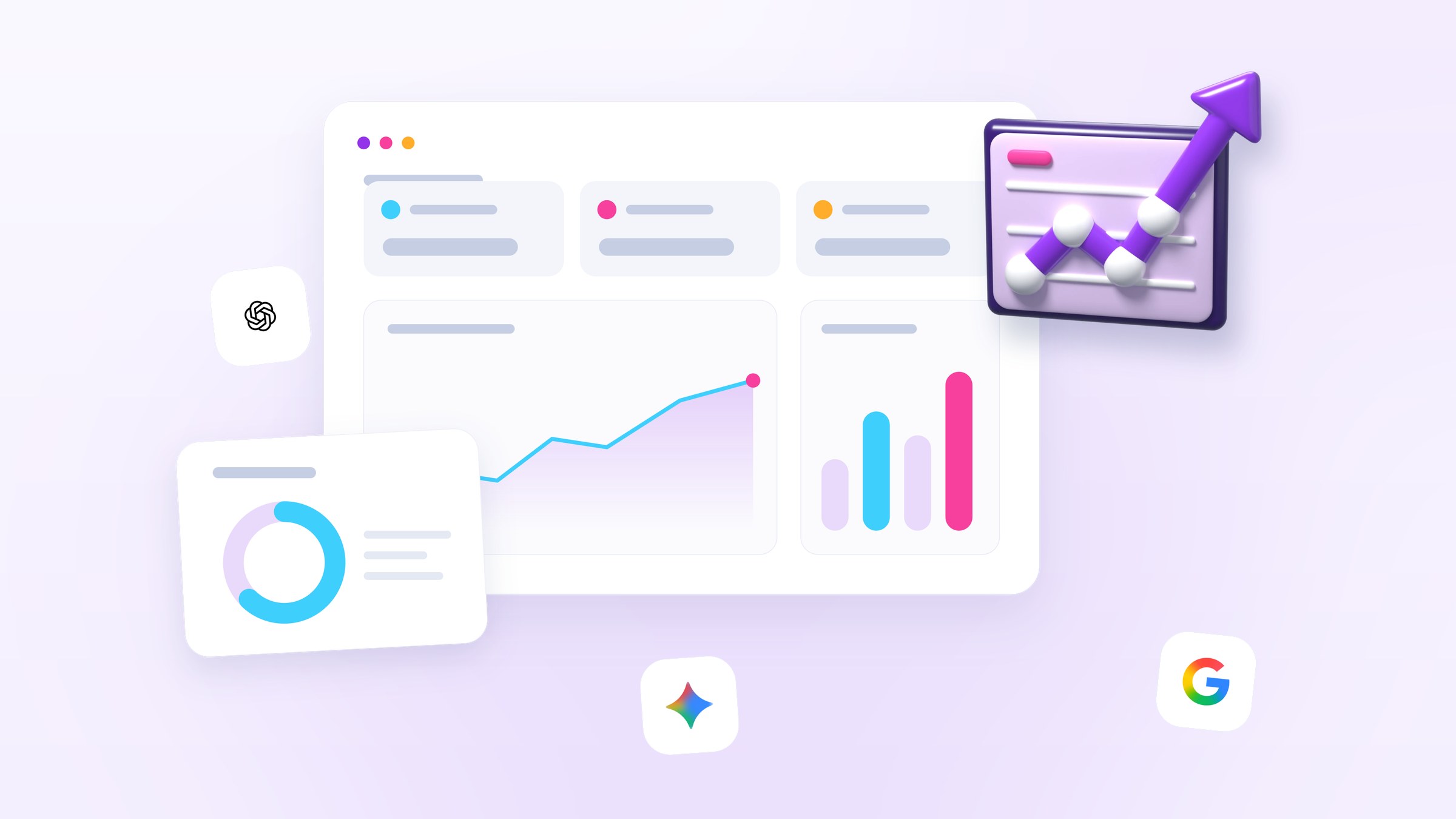 Illustration of a tracking dashboard with answer-share tiles and a month-by-month trend line, beside a glossy rising chart