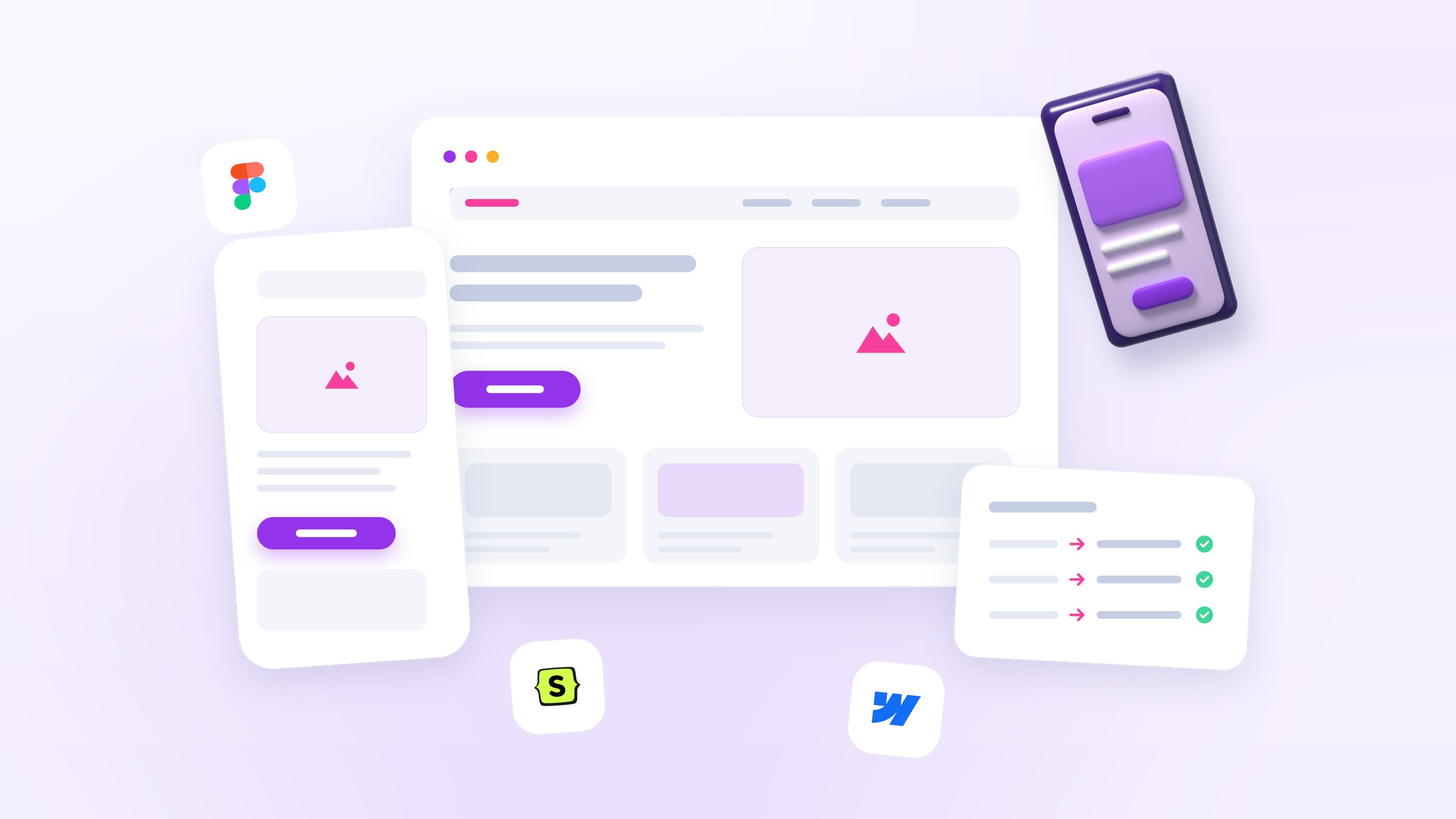 Illustration of a simple page layout with a short menu and one card per service, mirrored on a phone preview