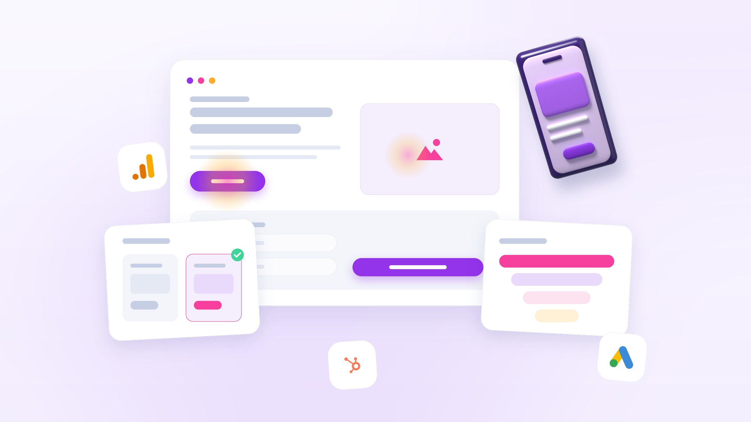 Illustration of a landing page with a contact form and a conversion funnel card, beside a glossy smartphone for phone calls