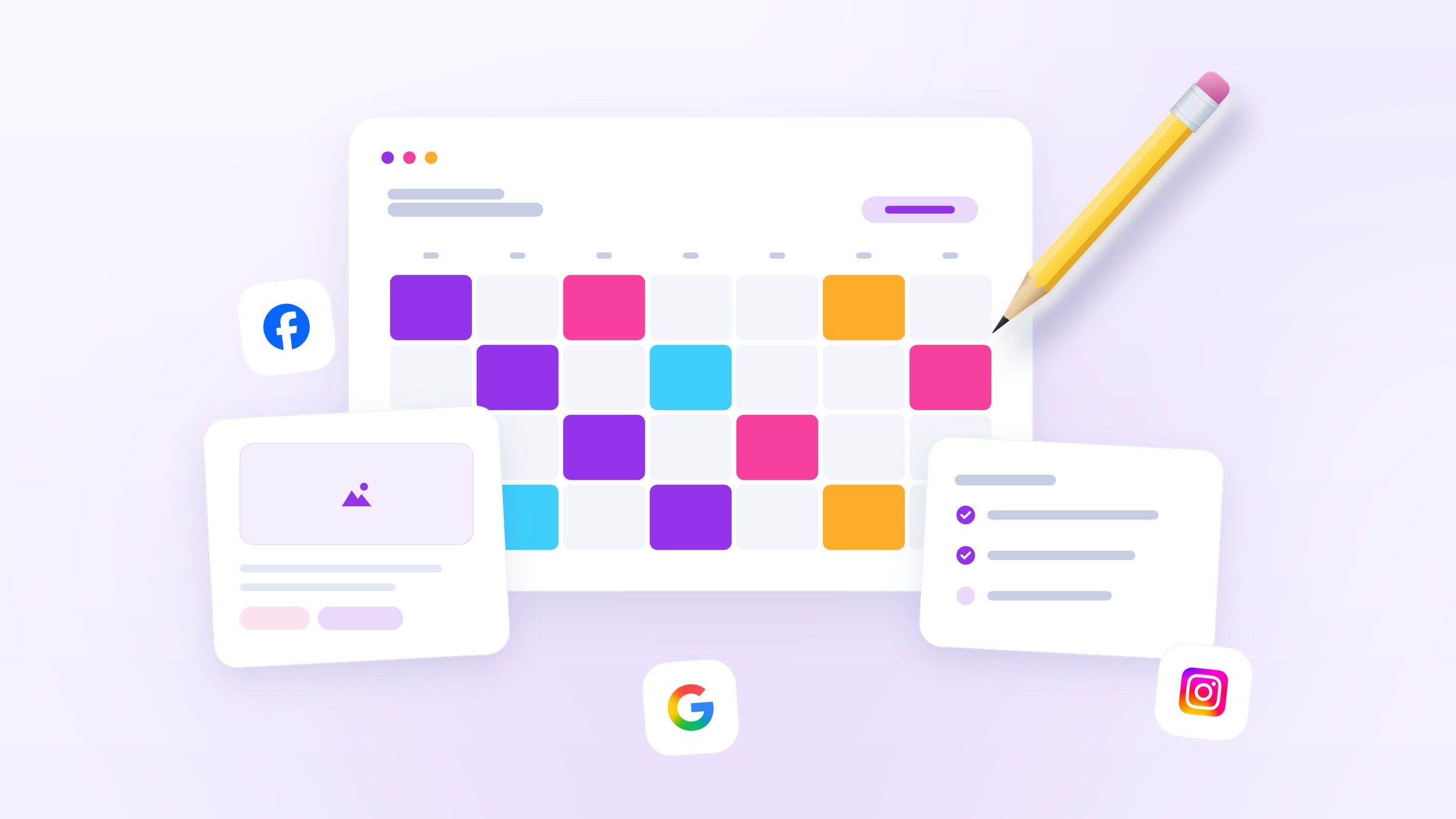 Illustration of a monthly content calendar with posts in rotating colors, a draft post card and a checklist, beside a glossy pencil